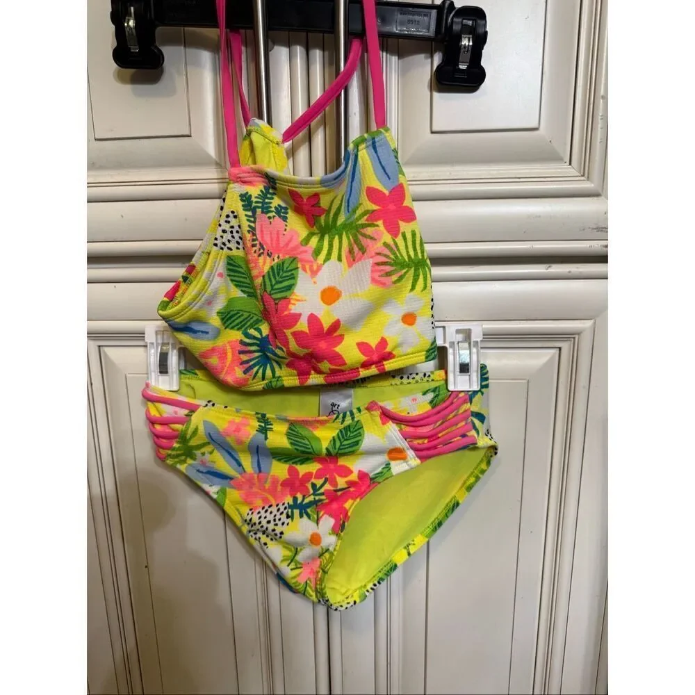 Art Class Girls Floral Tropical Two-Piece Bikini Set Yellow Pink Sz Large 10-12